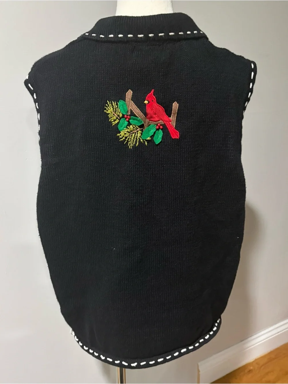 VTG Ugly Christmas Sweater Vest Tree Zip Cardinals Black Beaded Holiday Sz XL
